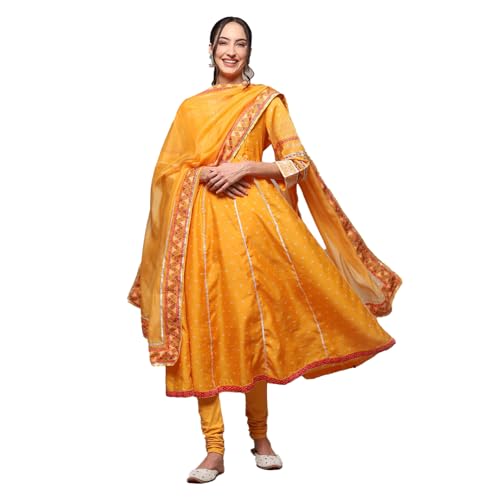 BIBA Polycotton Women Printed Anarkali Salwar Kurta Dupatta(SKDBANDHEJ8993_MAN_32), Yellow