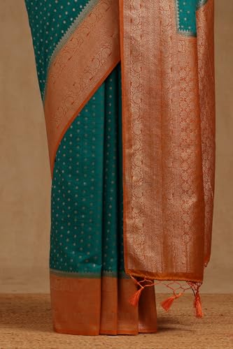 Soch Womens Teal Viscose Silk Geometric Zari Woven Saree