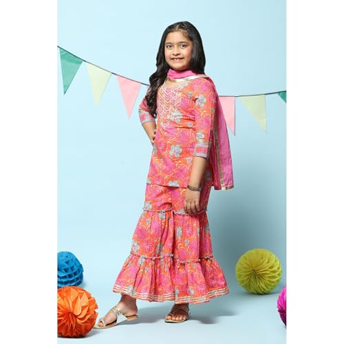 BIBA Girl Cotton Printed Relaxed Kid(Kw4783_Orange_5), Straight Kurta Garara Suit Set