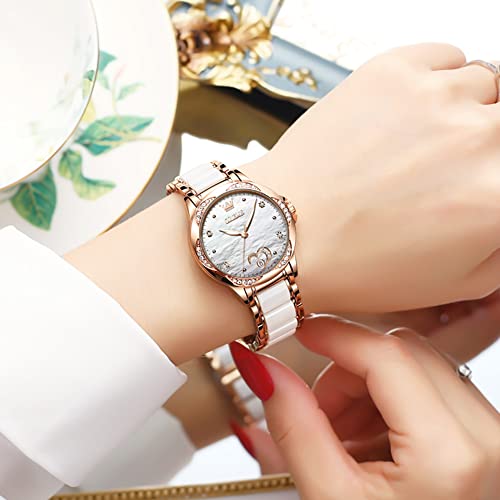 OLEVS Analog Wristwatch, Waterproof, Women'S, Fashion, Fashion, Simple, Women'S, Crystal, Arabic/Roman Dial, Leather Strap, Easy To Read Watch, Cute Watch, White, Women, Bracelet Type