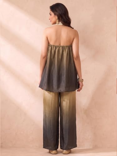 Women Red A Line Fusion Top and Bottom Set Shawl Collar Sleeveless Chinon