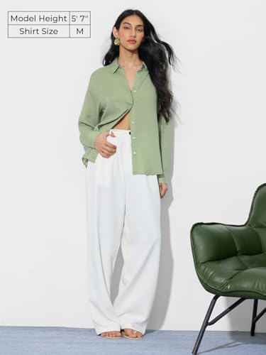 The Souled Store Lyocell Linen: Woodland Women and Girls Long Sleeve Collared Neck Solid Lyocell Linen Blend Regular Fit Button Front Shirt