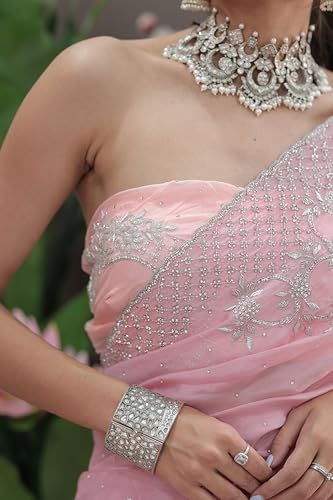 Haus Of Auraa Women’s Festive Traditional Attire with Detailed Weave & Graceful Finish Blush Glimmer Pink Saree with Sequin & Cutdana Detailing