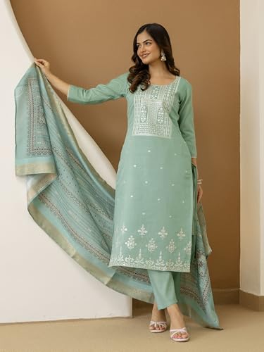 TRENDMALLS Women's Cotton Silk Embroidery Work Kurta Pant Set with Dupatta (G399-LightGreen-M-)
