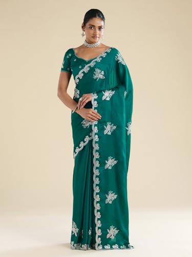 AKHILAM Women's Teal green Pure Chiffon Ethnic Motif Embellished Saree With Unstitched Blouse Piece (ANIKA2302_AG)