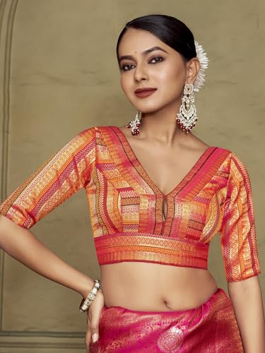 Vardha Women's Readymade Elbow Length Sleeves Golden Zari Saree Blouse (Orange)