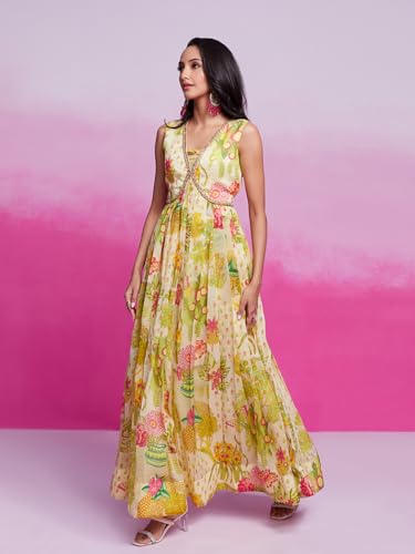 FUSIONIC Floral Print Anarkali Gown Cream