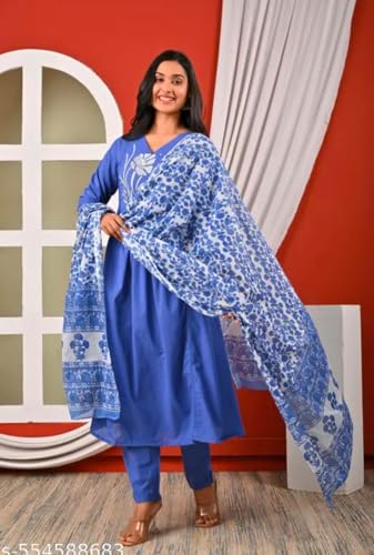 Women's Blue Anarkali Kurta with Floral Printed Dupatta and Trouser Set, 3-Piece Ethnic Wear (IN, Alpha, L)