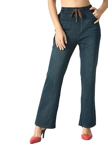 Ogimi Women's Fleece Lined Winter Denim Pants, Thermal Warm Jeans with Drawstring (in, Alpha, XL, Regular) Dark Blue