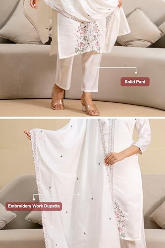 TRENDMALLS Women's Chanderi Embroidery Kurta Pant with Dupatta Set (G386-White-M-)