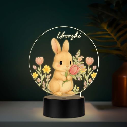 GIFTMEBAZAR Personalized Cute Rabbit Led Night Lamp with Warm White Light & USB Powered | Childrens Room Bedside Desk Lamp Birthday Return Bunny Theme Gift for Kids