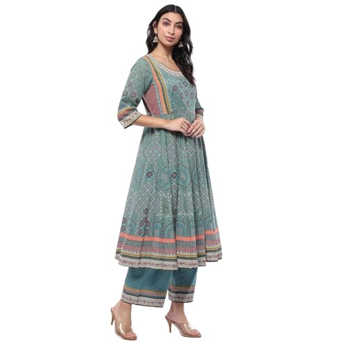 Biba Turquoise Cotton Anarkali Suit Set