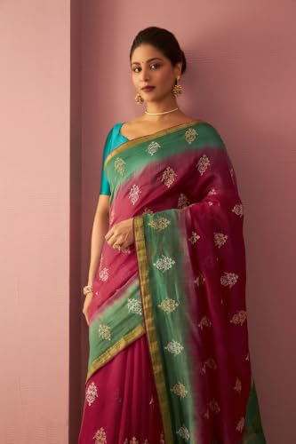 Taneira Pink Pure Silk Cotton Embroidered SareeWith Unstitched Blouse(SMABVAPSC0101-Pink)