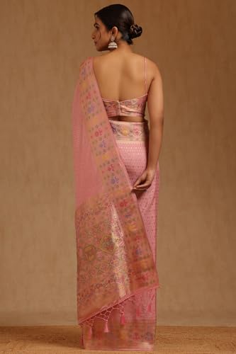 Soch Womens Pink Silk Blend Zari Woven Saree With Zari Woven