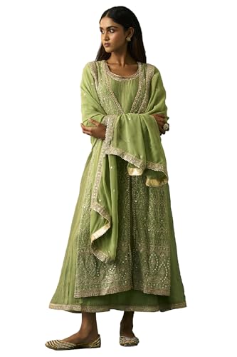 Wishful Women's Green Embroidered Anarkali Dress with Churidar and Dupatta Set - (SP12858-401187-L)