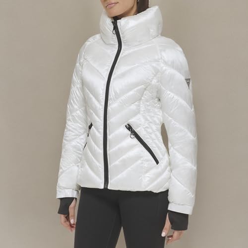 GUESS Women's Belted Softshell Jacket with Hood, White, S