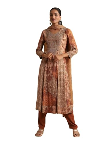 Ritu Kumar Rust Micro Print Embroidered Kurta With Palazzo And Dupatta