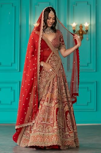 Women's Crimson Red Umbrella Style Silk Bridal Lehenga