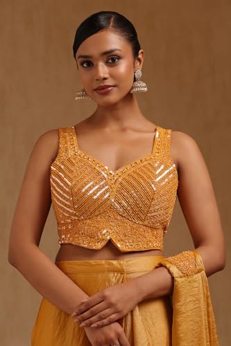Soch Womens Mustard Organza Solid Ready to Wear Saree