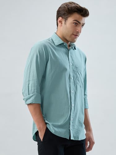 Colorplus Men Regular Fit Solid Pattern Pure Cotton Plain Collar Full Sleeve Casual Shirt Green