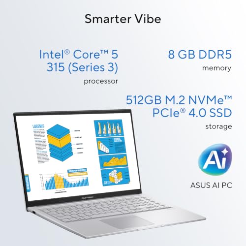 ASUS Vivobook 15 (2026),Intel Core 5 (Series 3-Latest Gen),Fingerprint Sensor,8GB RAM,512GB SSD,FHD,15.6"(39.6 cm),Windows 11,M365 Basic(1Y),Office 2024,Cool Silver,1.7 Kg,X1504MA-BQ832WS,AI Laptop