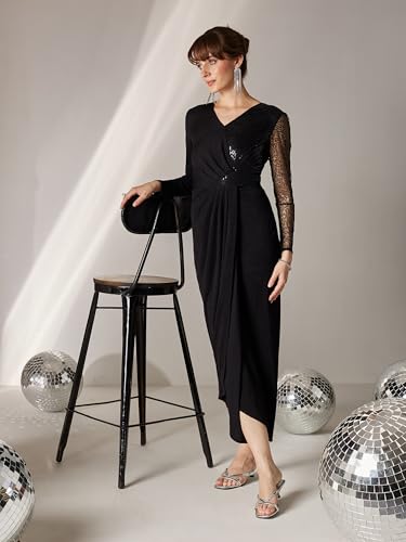 Miss Chase Women's V-Neck Full Sleeve Embellished Pleated Longline Dress (MCAW25D88-40-62-03, Black, S)
