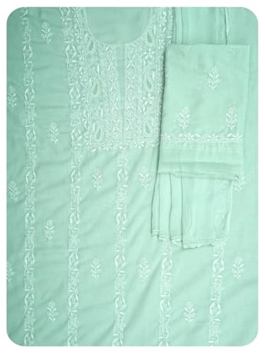 Ada Hand Embroidered Lucknowi Chikankari Unstitched Cotton Dress Material Suit Piece with Dupatta for Women 01A773770 Celadon Green