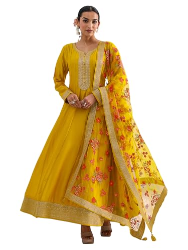 Libas Embroidered Silk Blend A Line Ethnic Dress with Dupatta | Occasion Gown Mustard