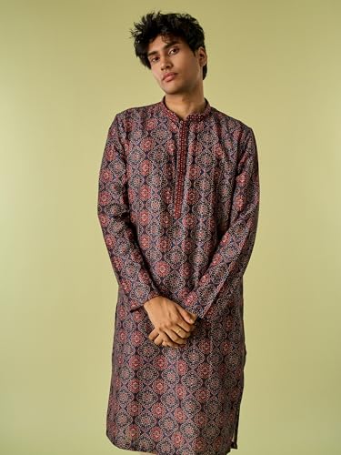 DIWAS BY MANYAVAR Men's Art Silk Digital Ajrakh Block Print Kurta Set (Dark Blue,L)