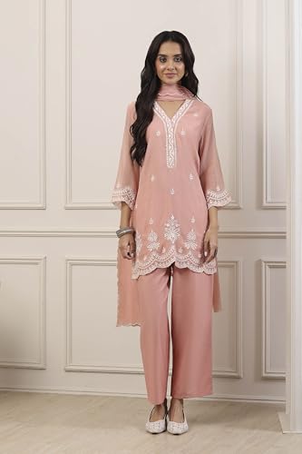 BIBA Women Peach Silk Chanderi Straight Suit Set_42
