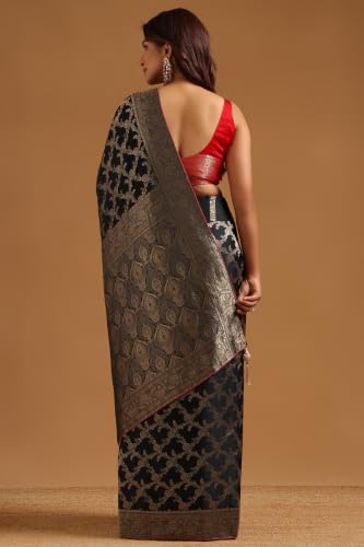 Soch Womens Black Satin Botanical Zari Woven Saree