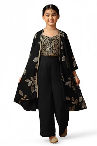 Fashion Dream Girl's Georgette Embroidered Salwar Suit Set|Suit for Girls|Salwar suit for kids|Ethnic Wear|Indo Western Set (FDGSET00504 BLK 40_Black_13-14 Years)
