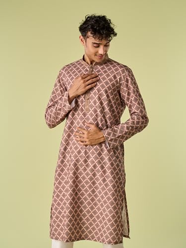 DIWAS BY MANYAVAR Men's Cotton Blend Diamond Printed Kurta Set (Beige,L)