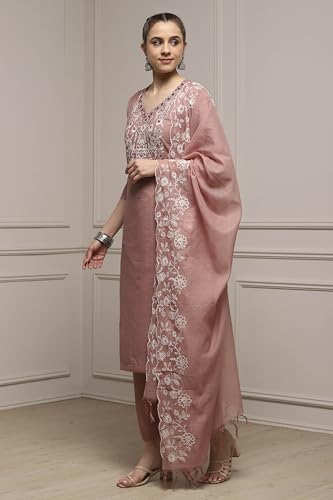 Biba Women Beige Mul Chanderi Blend Hand Embroidered Unstitched Suit Set_FREE SIZE