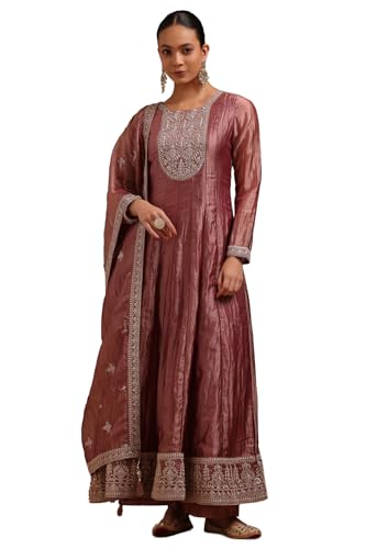 Soch Womens Onion Pink Tissue Embroidered Suit Set With Sequins