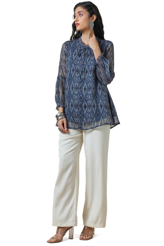 Soch Womens Blue Chiffon Ikat Print A Line Tunic with Tie-Up Neck