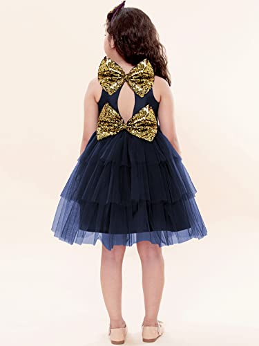A.T.U.N Baby Girl's Fit and Flare Dress (GDRS KYH NVG_6-12_Navy Blue, Gold_6-12 Months)