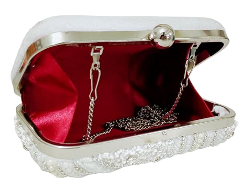 DUCHESS White Pearl Embellished Clutch for Women | Sequin & Beaded Party Purse | Elegant Wedding Handbag for Girls | Stylish Bridal Accessory | Designer Evening Bag for Festive Occasions