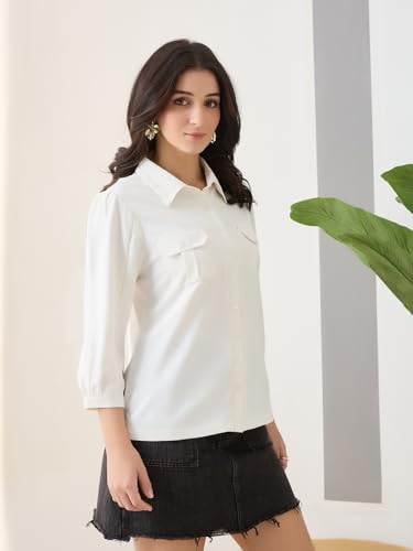 Latin Quarters Women White Solid 3/4th Sleeves Collar Neck Casual Shirt_XL