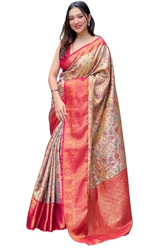 SGF11- Women's Kanjivaram Pure Soft Silk Handloom Saree Pure Golden Zari With Blouse Piece (Cream Pink)