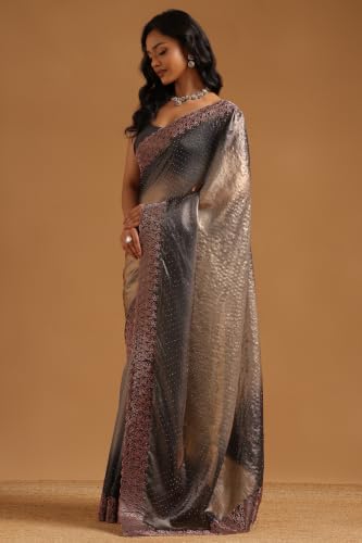 Soch Womens Blue Fendy Organza Ombre Stone Embellished Saree