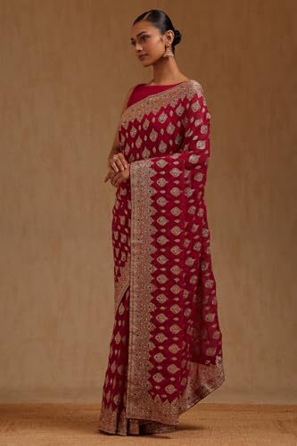 Soch Womens Fuchsia Georgette Embroidered Saree With Stone Work