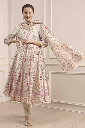 Biba Women's Off White Cotton Anarkali Printed Lehenga Set