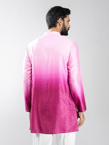 VASTRAMAY Men Falsa Silk Blend Ombre Sequin Kurta | Mid-Length Festive & Wedding Attire with Mandarin Collar