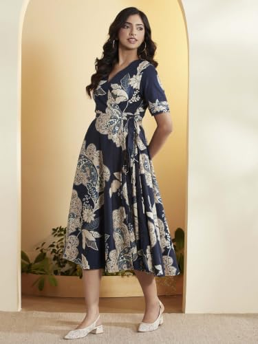 BIBA 100% Cotton Printed Semi-Formal Kalidar Dress Blue