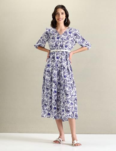 U.S. POLO ASSN. women's Polyester Fit and Flare Midi Casual Dress (UWSS24DRS106_Blue