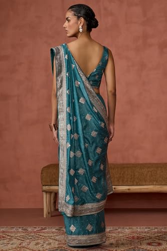 Soch Womens Turquoise Blue Fendy Georgette Embroidered Saree With Stone Work