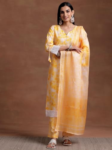 Libas Womens Embroidered Cotton Blend Straight Kurta With Palazzos and Dupatta