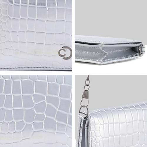 Caprese Vega Textured Flap Wallet Convertible Sling for Women | 2-in-1 Handheld Clutch & Shoulder Bag with Detachable Gold Chain | Premium Designer Mobile & Cash Sling with Magnet Snap (Silver)