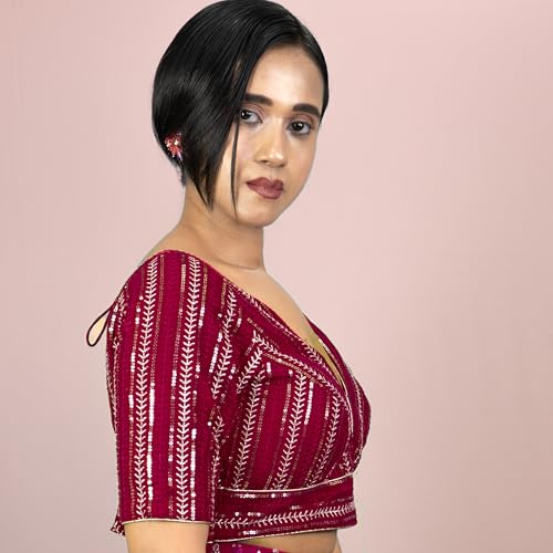 Women's Sequin Embroidered V Neck Elbow Half Sleeve Readymade Saree Blouse Indian Ethnic Designer Stitched Handmade Top Padded Wine Pink Blue White Black | E3